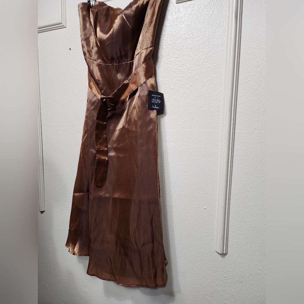 Lulus Chicly Stunning Shiny Brown Strapless Belted Midi Dress XL Wedding Party - Picture 7 of 9